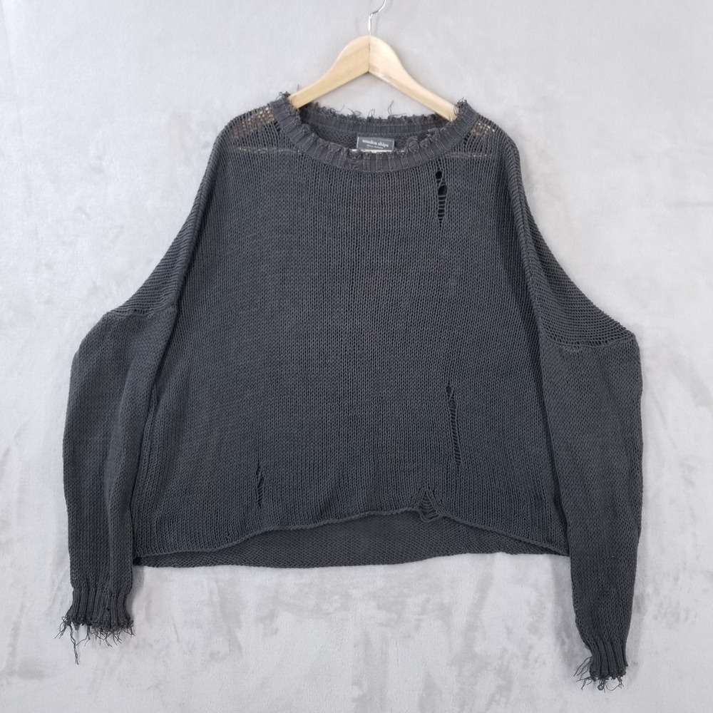 Wooden Ships Distressed Sweater Women XL Charcoal Cotton Blend‎ Lightweight